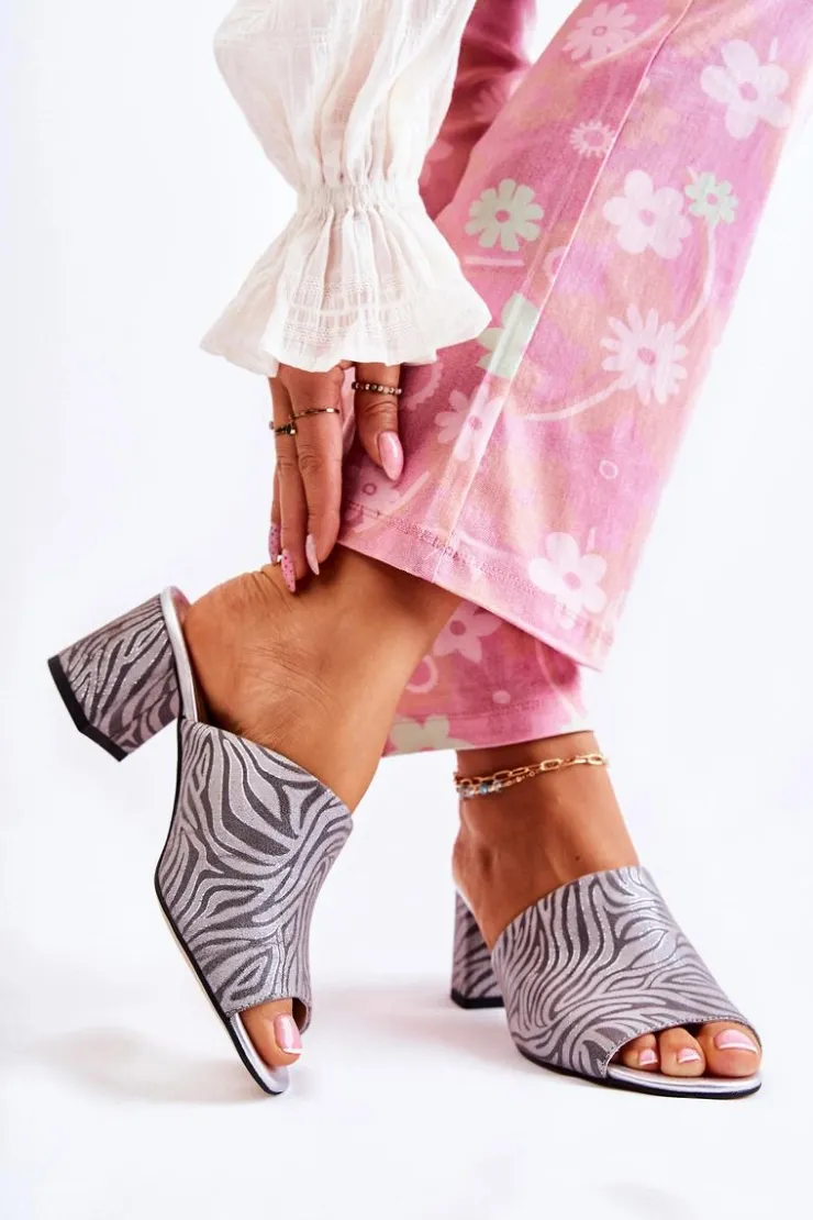 Damskie Boto Skórzane Damskie Klapki Na Obcasie Zebra Szare Nessita