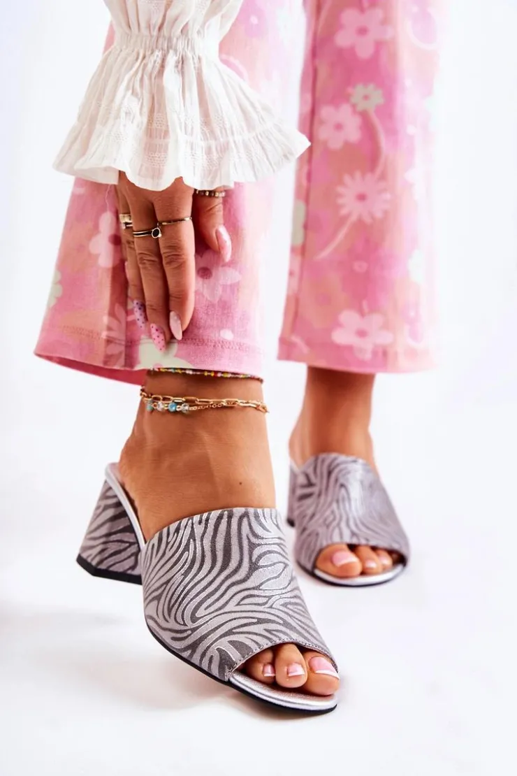 Damskie Boto Skórzane Damskie Klapki Na Obcasie Zebra Szare Nessita