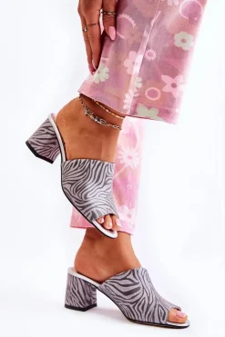 Damskie Boto Skórzane Damskie Klapki Na Obcasie Zebra Szare Nessita