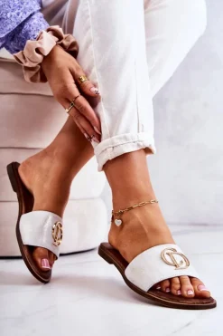 Boto Klapki Damskie Klasyczne*Skórzane Damskie Klapki Nicole 2735 Biało-Złote