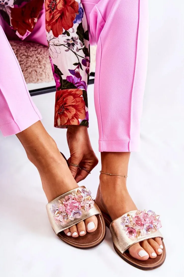 Boto Klapki Damskie Klasyczne*Skórzane Damskie Klapki Z Ozdobą Nicole 2726 Złote