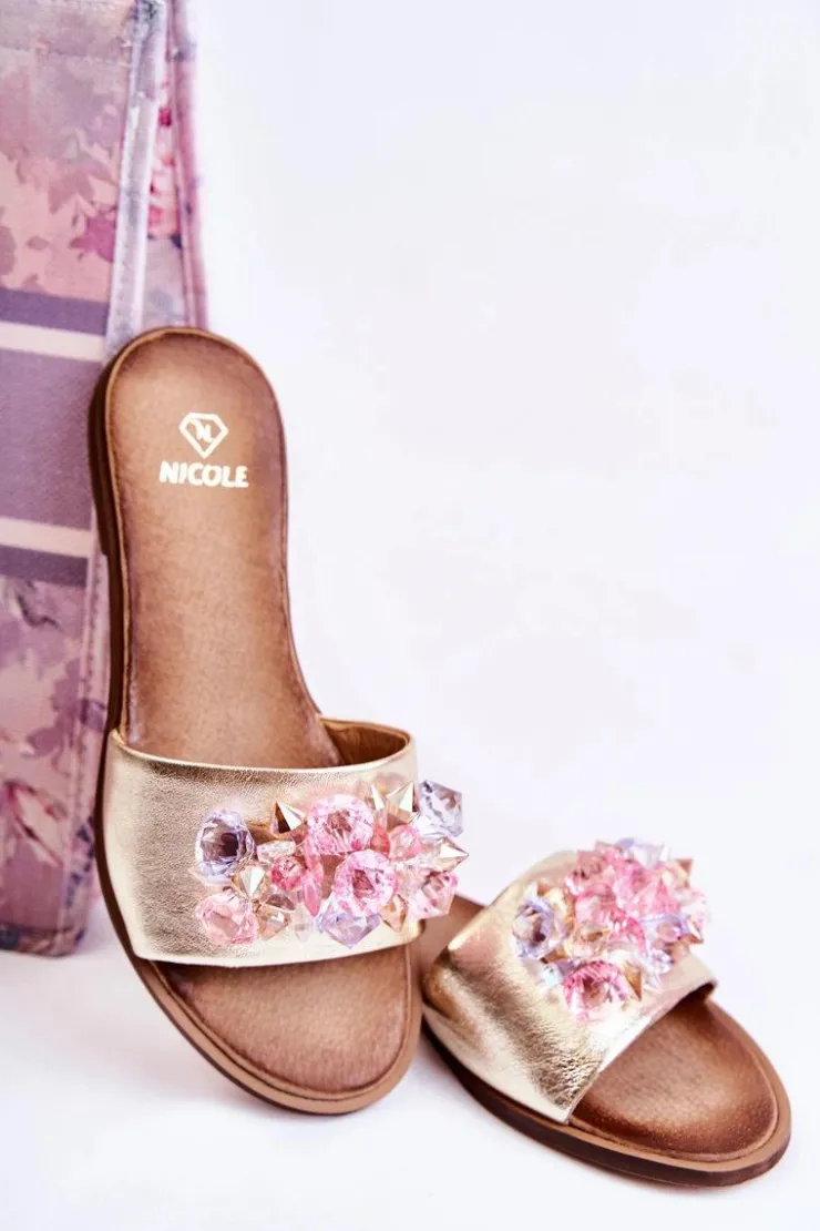 Boto Klapki Damskie Klasyczne*Skórzane Damskie Klapki Z Ozdobą Nicole 2726 Złote