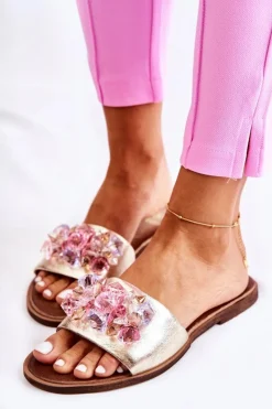 Boto Klapki Damskie Klasyczne*Skórzane Damskie Klapki Z Ozdobą Nicole 2726 Złote