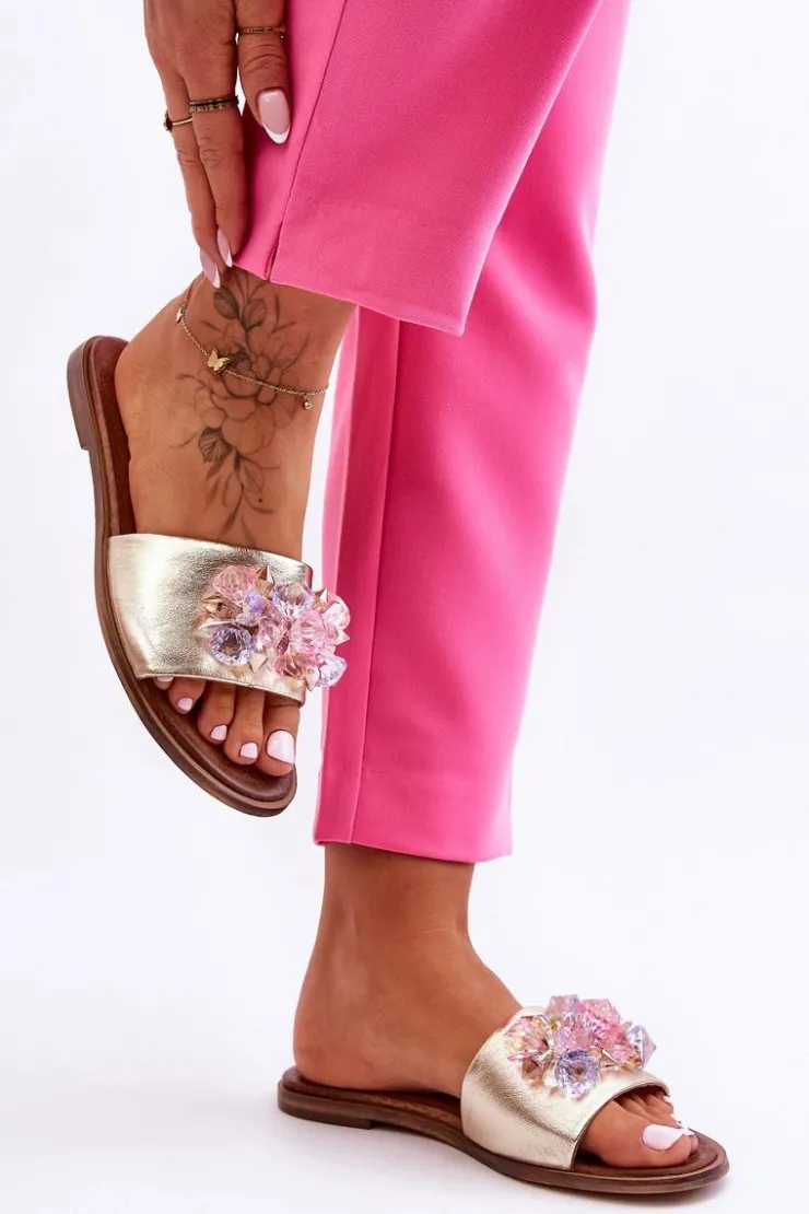 Boto Klapki Damskie Klasyczne*Skórzane Damskie Klapki Z Ozdobą Nicole 2726/064 Złote