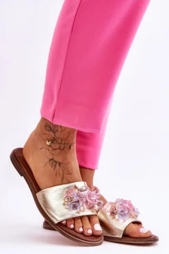 Boto Klapki Damskie Klasyczne*Skórzane Damskie Klapki Z Ozdobą Nicole 2726/064 Złote