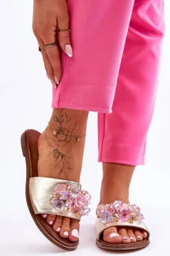 Boto Klapki Damskie Klasyczne*Skórzane Damskie Klapki Z Ozdobą Nicole 2726/064 Złote