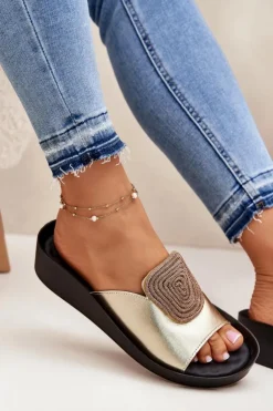 Discount Damskie buty S.Barski Skórzane Damskie Klapki Z Ozdobą KV51-028 Złote Złoty