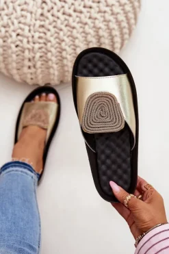 Discount Damskie buty S.Barski Skórzane Damskie Klapki Z Ozdobą KV51-028 Złote Złoty