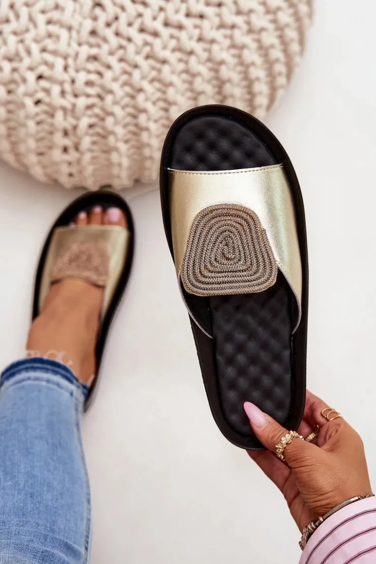 Discount Damskie buty S.Barski Skórzane Damskie Klapki Z Ozdobą KV51-028 Złote Złoty