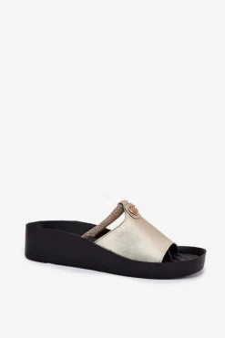 Best Damskie buty S.Barski Skórzane Damskie Klapki Z Ozdobnym Paskiem KV51-034 Złote Złoty