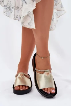 Best Damskie buty S.Barski Skórzane Damskie Klapki Z Ozdobnym Paskiem KV51-034 Złote Złoty