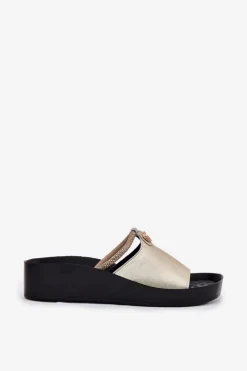 Best Damskie buty S.Barski Skórzane Damskie Klapki Z Ozdobnym Paskiem KV51-034 Złote Złoty