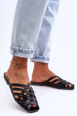 Damskie Boto Skórzane Damskie Klapki Z Paskami Czarne Doralia