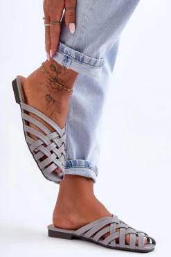 Clearance Boto Skórzane Damskie Klapki Z Paskami Szare Doralia