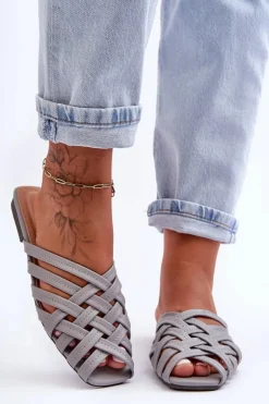 Clearance Boto Skórzane Damskie Klapki Z Paskami Szare Doralia