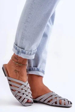 Clearance Boto Skórzane Damskie Klapki Z Paskami Szare Doralia