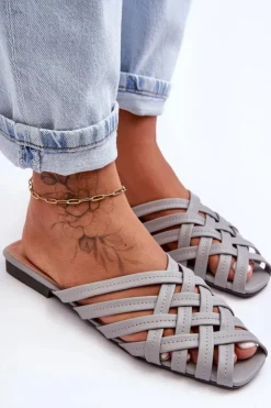 Clearance Boto Skórzane Damskie Klapki Z Paskami Szare Doralia