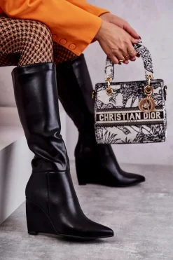 Damskie Boto Skórzane Damskie Kozaki Na Koturnie Czarne Arlene