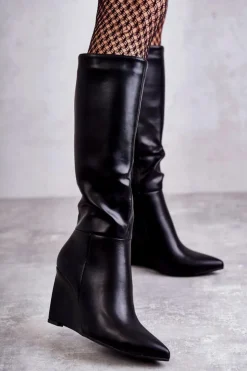 Damskie Boto Skórzane Damskie Kozaki Na Koturnie Czarne Arlene