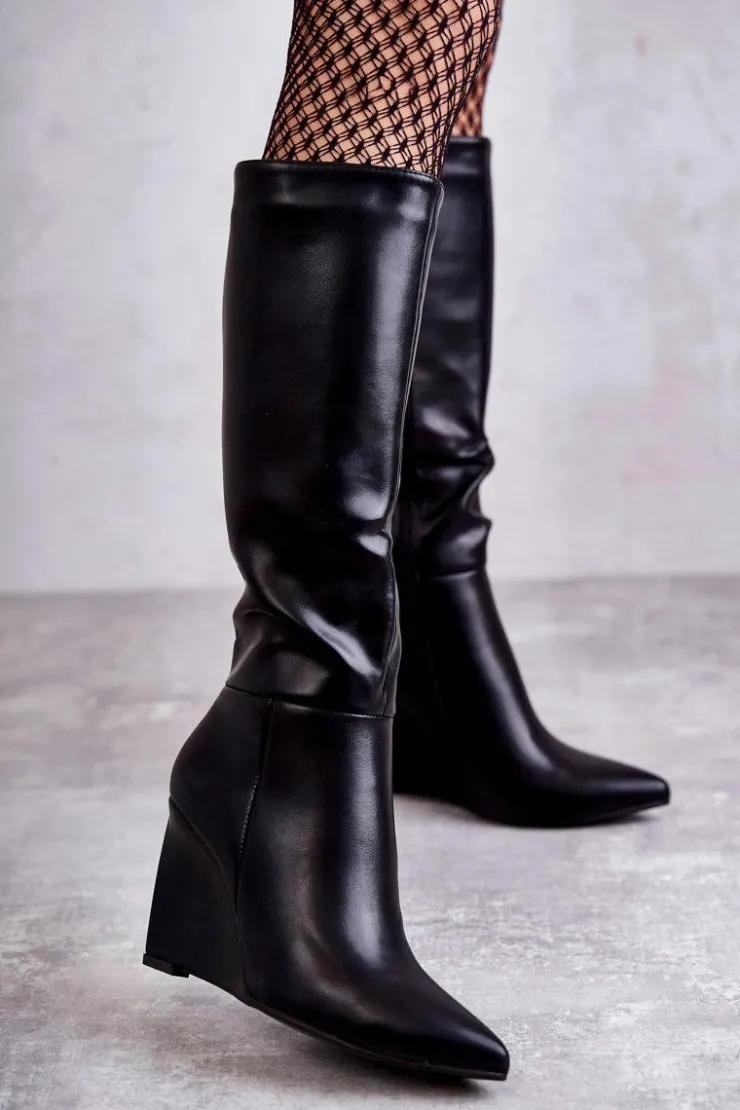 Damskie Boto Skórzane Damskie Kozaki Na Koturnie Czarne Arlene
