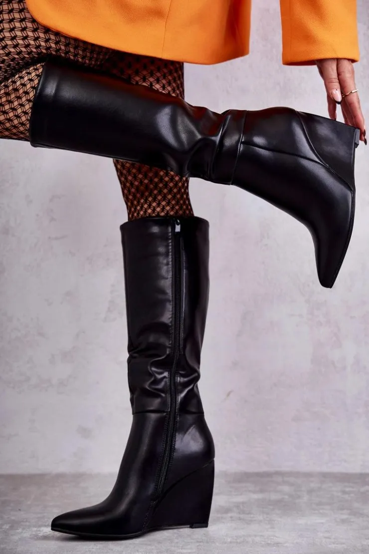 Damskie Boto Skórzane Damskie Kozaki Na Koturnie Czarne Arlene