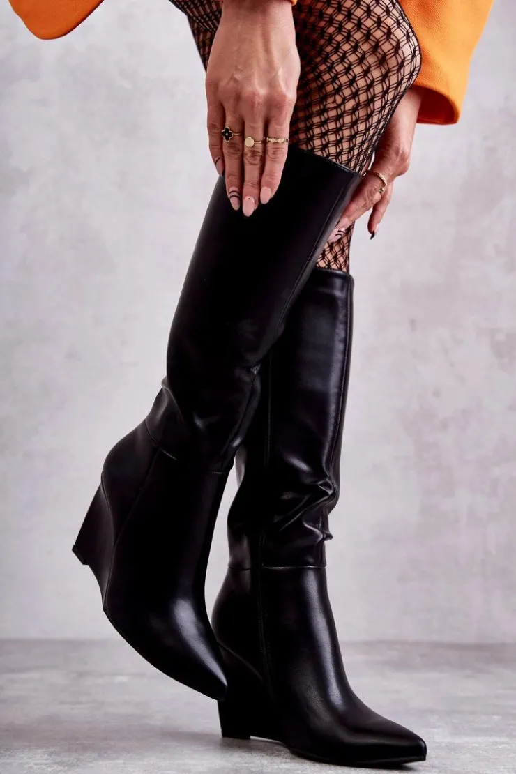 Damskie Boto Skórzane Damskie Kozaki Na Koturnie Czarne Arlene