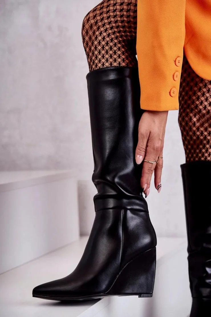 Damskie Boto Skórzane Damskie Kozaki Na Koturnie Czarne Arlene