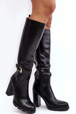Damskie Boto Skórzane Damskie Kozaki Na Słupku Z Klamrą Czarne Bordda
