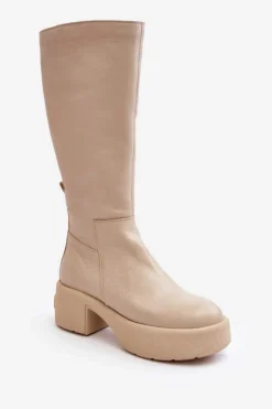 Damskie Boto Skórzane Damskie Kozaki Przed Kolano Lemar Jasnobeżowe Malayah