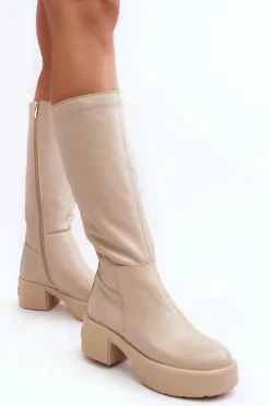 Damskie Boto Skórzane Damskie Kozaki Przed Kolano Lemar Jasnobeżowe Malayah