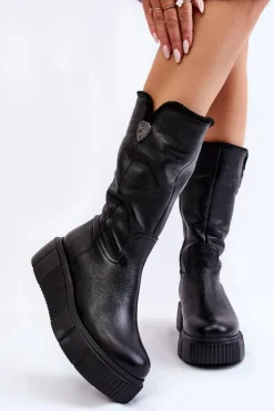 Damskie Zazoo Skórzane Damskie Kozaki Z Wełną 70121 Czarne