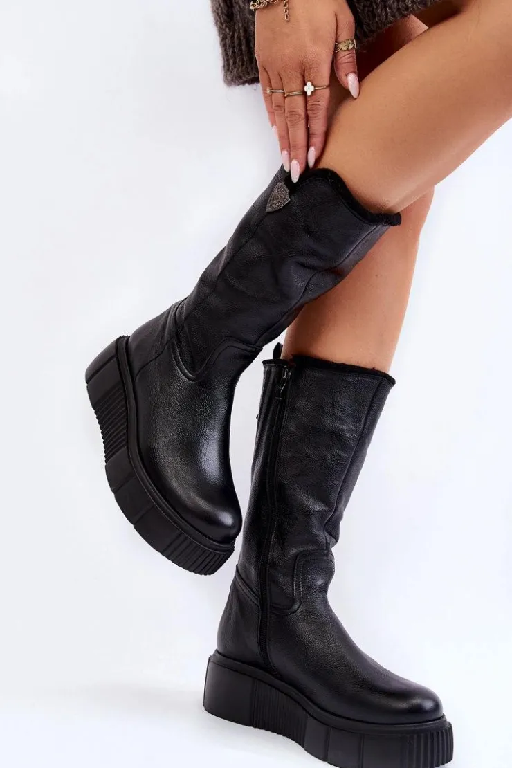 Damskie Zazoo Skórzane Damskie Kozaki Z Wełną 70121 Czarne