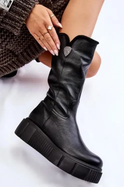 Damskie Zazoo Skórzane Damskie Kozaki Z Wełną 70121 Czarne