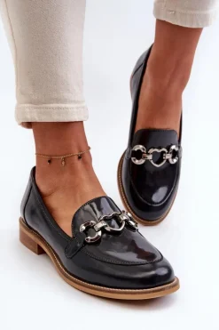 Damskie Laura Messi Skórzane Damskie Lakierowane Mokasyny 2760 Granatowe