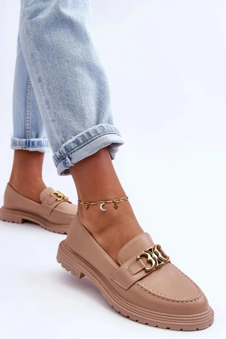 Outlet Boto Skórzane Damskie Mokasyny Na Płaskim Obcasie Beżowe Sincias