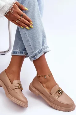 Outlet Boto Skórzane Damskie Mokasyny Na Płaskim Obcasie Beżowe Sincias