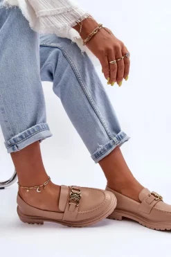 Outlet Boto Skórzane Damskie Mokasyny Na Płaskim Obcasie Beżowe Sincias