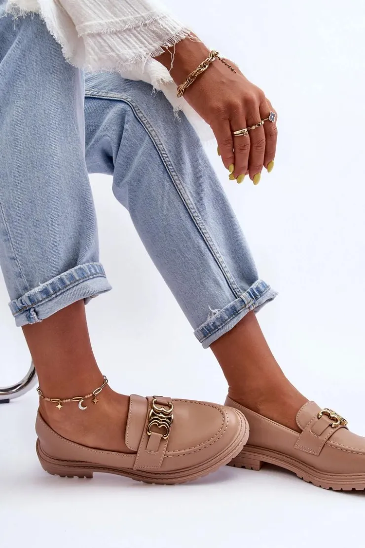 Outlet Boto Skórzane Damskie Mokasyny Na Płaskim Obcasie Beżowe Sincias