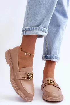 Outlet Boto Skórzane Damskie Mokasyny Na Płaskim Obcasie Beżowe Sincias