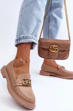 Outlet Boto Skórzane Damskie Mokasyny Na Płaskim Obcasie Beżowe Sincias