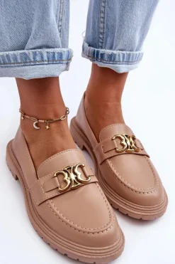 Outlet Boto Skórzane Damskie Mokasyny Na Płaskim Obcasie Beżowe Sincias
