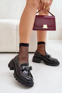 Damskie buty S.Barski Loafersy Damskie|Mokasyny Damskie Skórzane*Skórzane Damskie Mokasyny Z Kokardką I Sercem D&A LZ42-032 Czarne