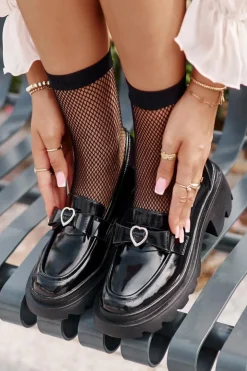 Damskie buty S.Barski Loafersy Damskie|Mokasyny Damskie Skórzane*Skórzane Damskie Mokasyny Z Kokardką I Sercem D&A LZ42-032 Czarne