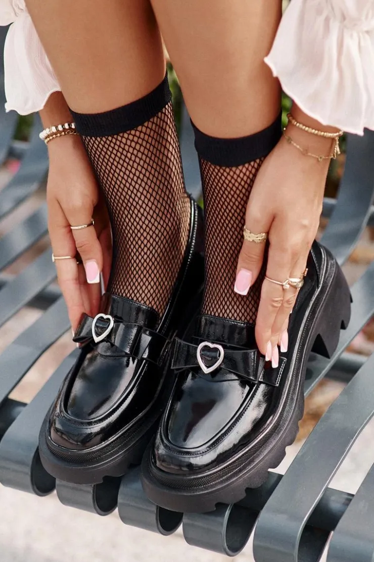 Damskie buty S.Barski Loafersy Damskie|Mokasyny Damskie Skórzane*Skórzane Damskie Mokasyny Z Kokardką I Sercem D&A LZ42-032 Czarne