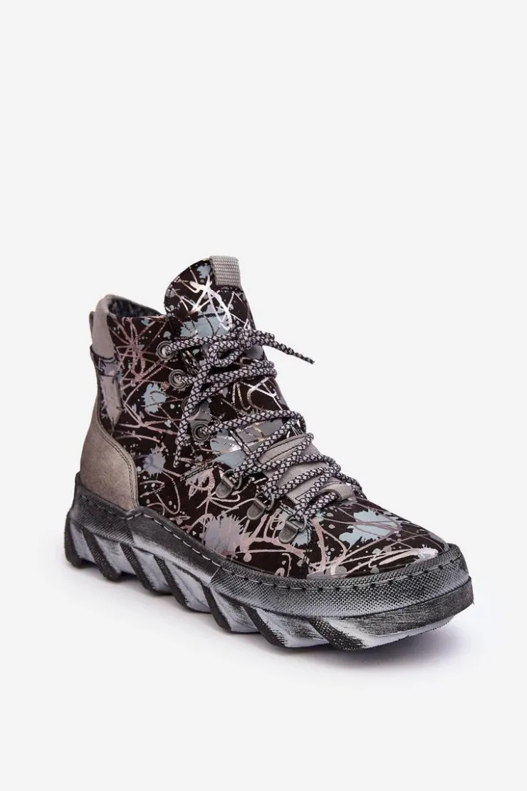 Damskie Maciejka Skórzane Damskie Ocieplane Botki 06146-03 Szare