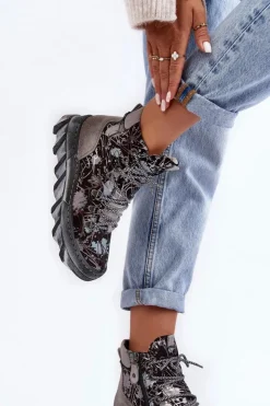 Damskie Maciejka Skórzane Damskie Ocieplane Botki 06146-03 Szare