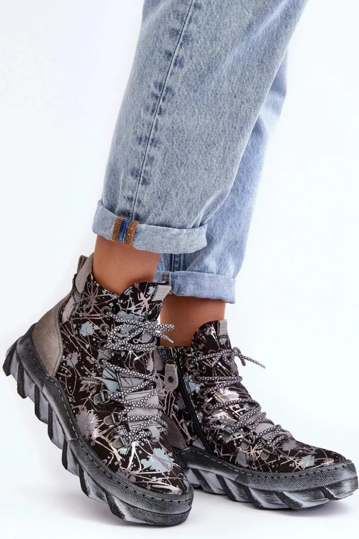 Damskie Maciejka Skórzane Damskie Ocieplane Botki 06146-03 Szare