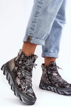 Damskie Maciejka Skórzane Damskie Ocieplane Botki 06146-03 Szare