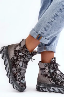 Damskie Maciejka Skórzane Damskie Ocieplane Botki 06146-03 Szare