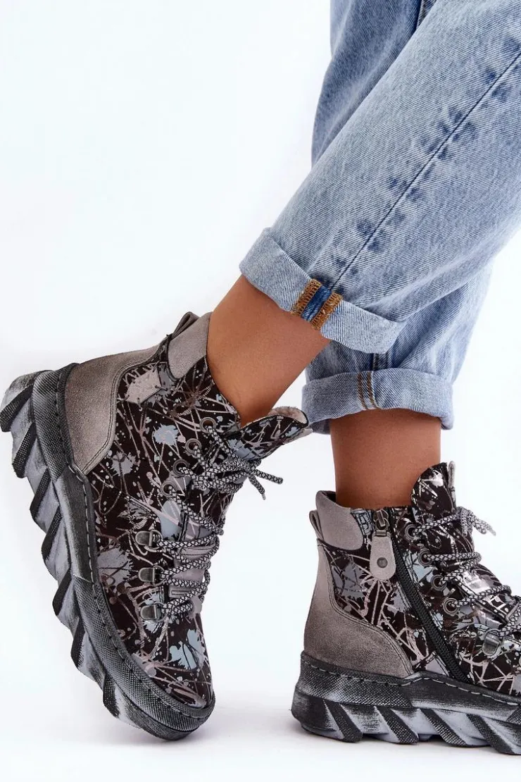 Damskie Maciejka Skórzane Damskie Ocieplane Botki 06146-03 Szare